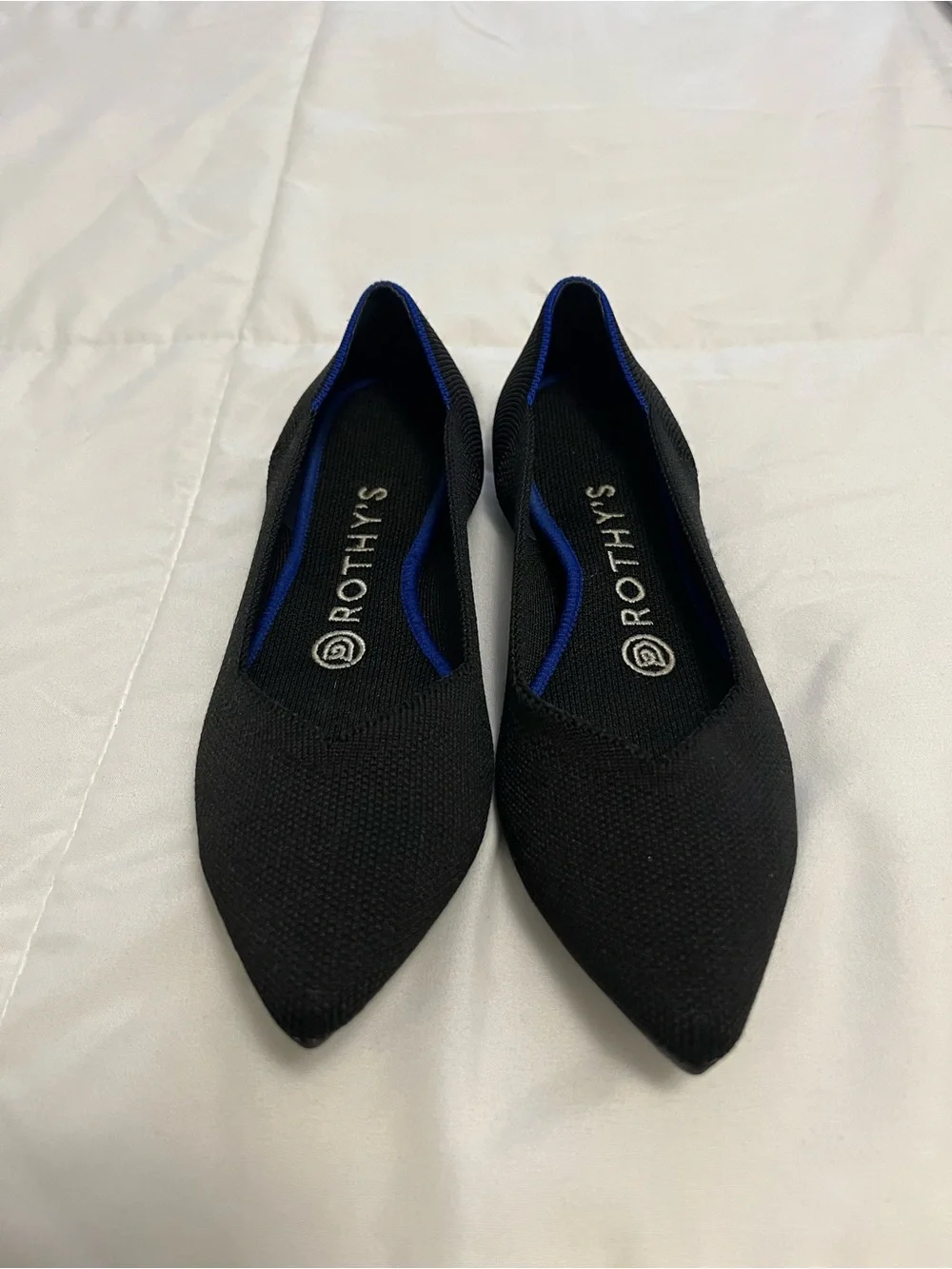Rothy's Black Pointed-Toe Knit Flats with Blue Trim